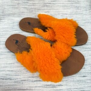 Brother Vellies Orange Faux Fur Fuzzy Statement Sandals Slip On 7 Colorful Boho
